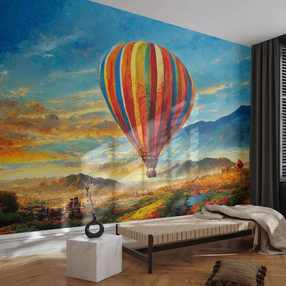 Fototapete Premium Sand - Ein bunter Ballon schwebt über einer malerischen Landschaft - 100x70cm - In der Stille sieht man mehr - Moderne Wanddekoration für Wohnzimmer und Schlafzimmer ARTTOR