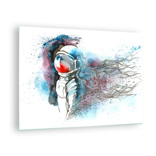 Glasbild - Bild auf glas - Astronaut in einer dynamischen Aquarell-Weltraumkulisse - 70x50cm - Allein mit Platz - Moderne Wanddekoration für Wohnzimmer und Schlafzimmer ARTTOR