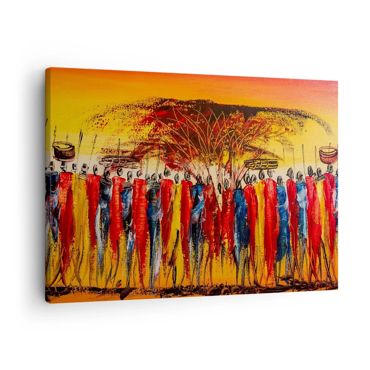 Bild auf Leinwand - Leinwandbild - Eine farbenfrohe Szene mit afrikanischen Figuren vor dem Hintergrund der untergehenden Sonne. - 70x50cm - Dort, dort, dort gehen sie - Moderne Wanddekoration für Wohnzimmer und Schlafzimmer ARTTOR