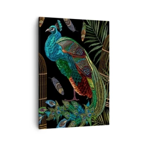 Bild auf Leinwand - Leinwandbild - Pfauen neben einem goldenen Käfig auf schwarzem Hintergrund - 50x70cm - In königlichen Gewändern - Moderne Wanddekoration für Wohnzimmer und Schlafzimmer ARTTOR