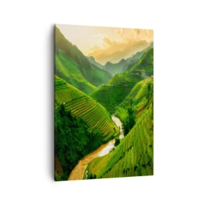 Bild auf Leinwand - Leinwandbild - Malerische Reisterrassen in einem grünen Tal, beleuchtet von der untergehenden Sonne - 50x70cm - Vietnamesisches Tal - Moderne Wanddekoration für Wohnzimmer und Schlafzimmer ARTTOR