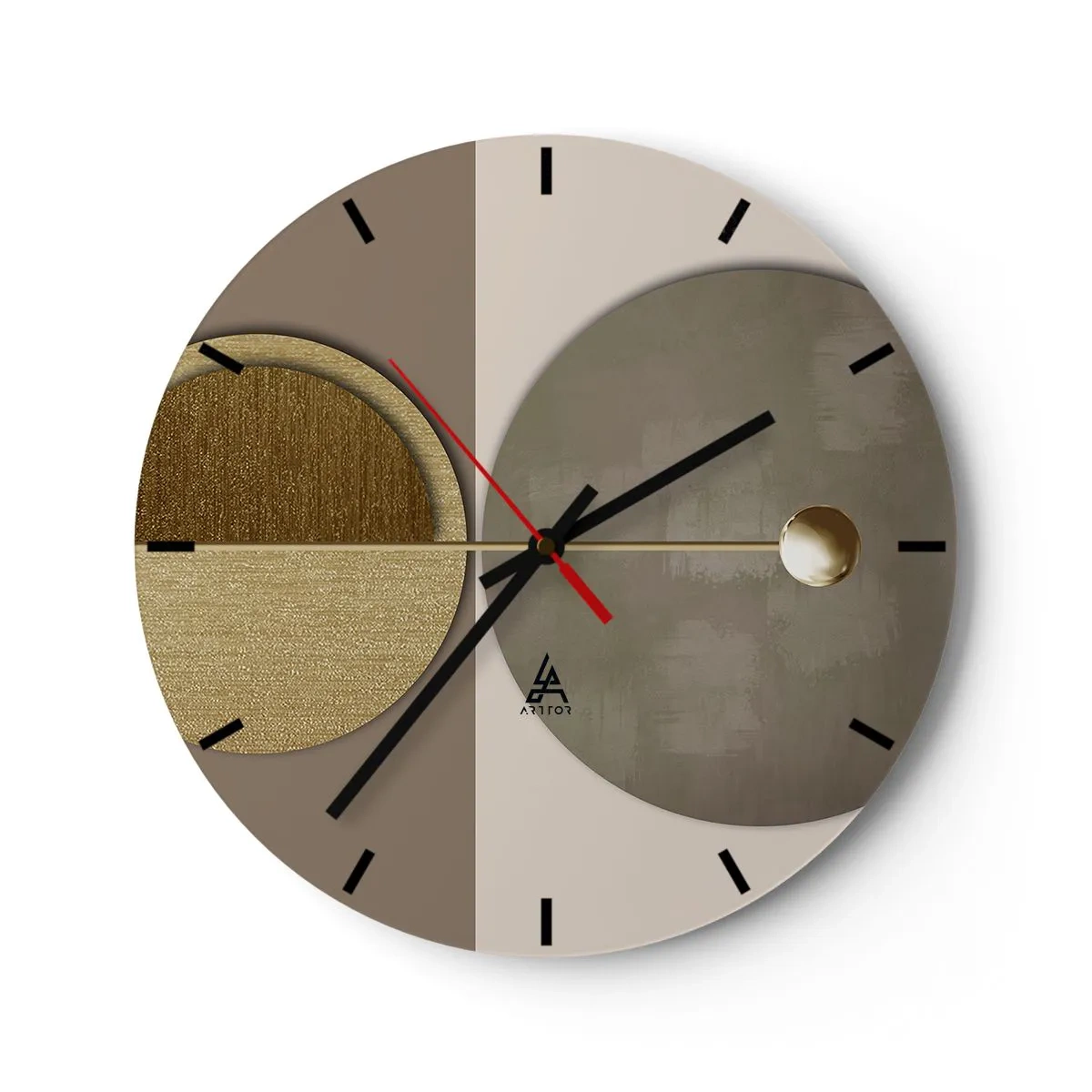 Wanduhr - Glasuhr - Geometrische Formen in Gold und Beige vor kontrastierendem Hintergrund - 30x30cm - Perfekte Balance - Moderne Wanddekoration für Wohnzimmer, Küche und Schlafzimmer ARTTOR