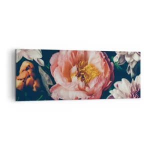 Bild auf Leinwand - Leinwandbild - Blumenarrangement mit Pfingstrosen und Chrysanthemen auf dunklem Hintergrund - 140x50cm - Mit barocker Pracht - Moderne Wanddekoration für Wohnzimmer und Schlafzimmer ARTTOR