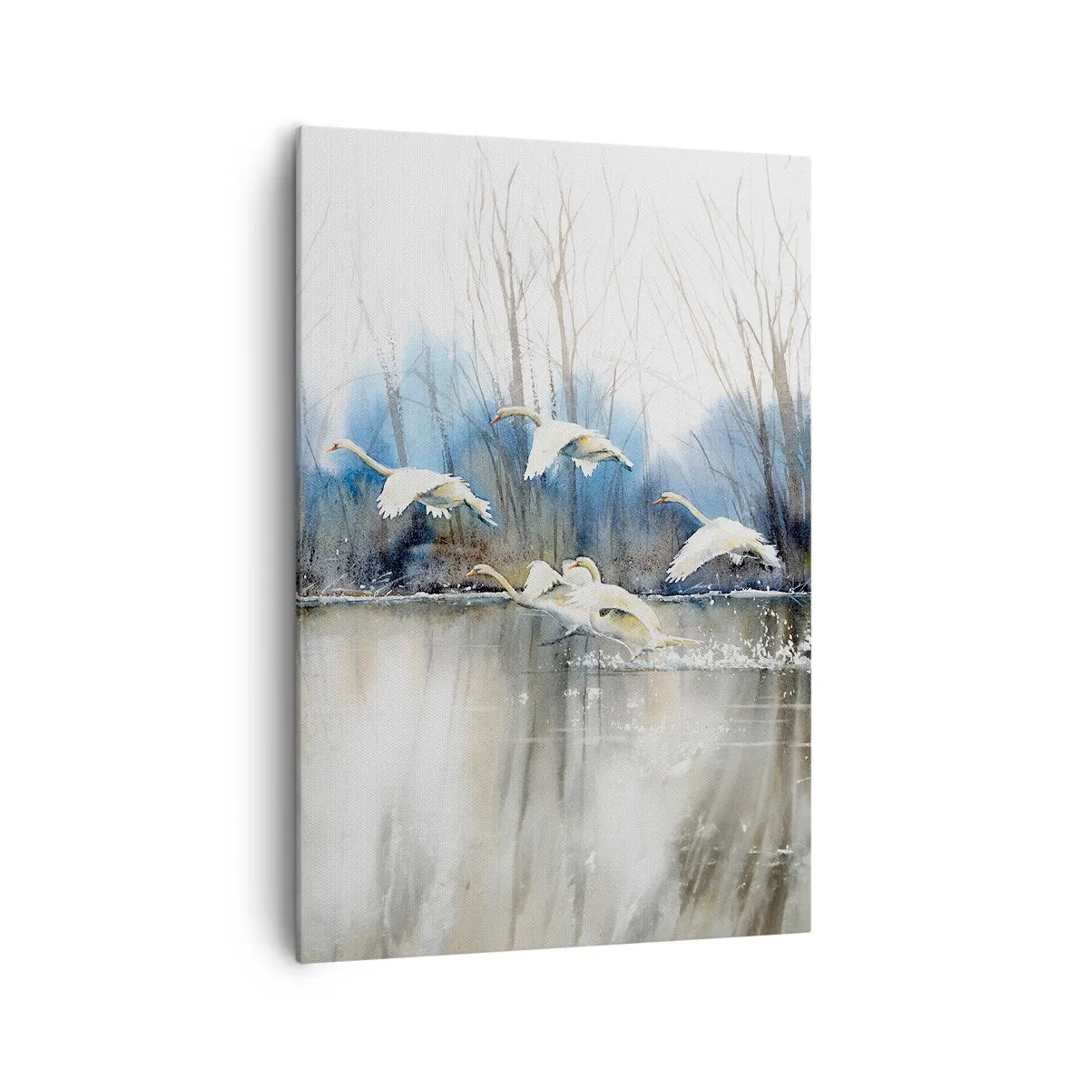 Bild auf Leinwand - Leinwandbild - Schwäne im Flug über einem zugefrorenen See in einer Winterlandschaft - 70x100cm - Wie im Märchen von den wilden Schwänen - Moderne Wanddekoration für Wohnzimmer und Schlafzimmer ARTTOR