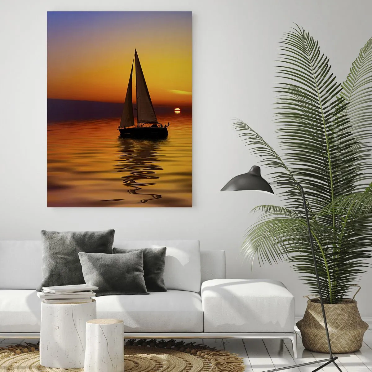 Glasbild - Bild auf glas - Ein Segelboot auf ruhiger See bei Sonnenuntergang - 80x120cm - Wie ruhig es hier in der Abenddämmerung ist... - Moderne Wanddekoration für Wohnzimmer und Schlafzimmer ARTTOR