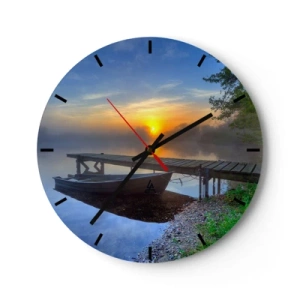 Wanduhr - Glasuhr - Ein Boot am Pier bei Sonnenaufgang über dem See - 30x30cm - Wie aus Gewöhnlichem Magie wird - Moderne Wanddekoration für Wohnzimmer, Küche und Schlafzimmer ARTTOR