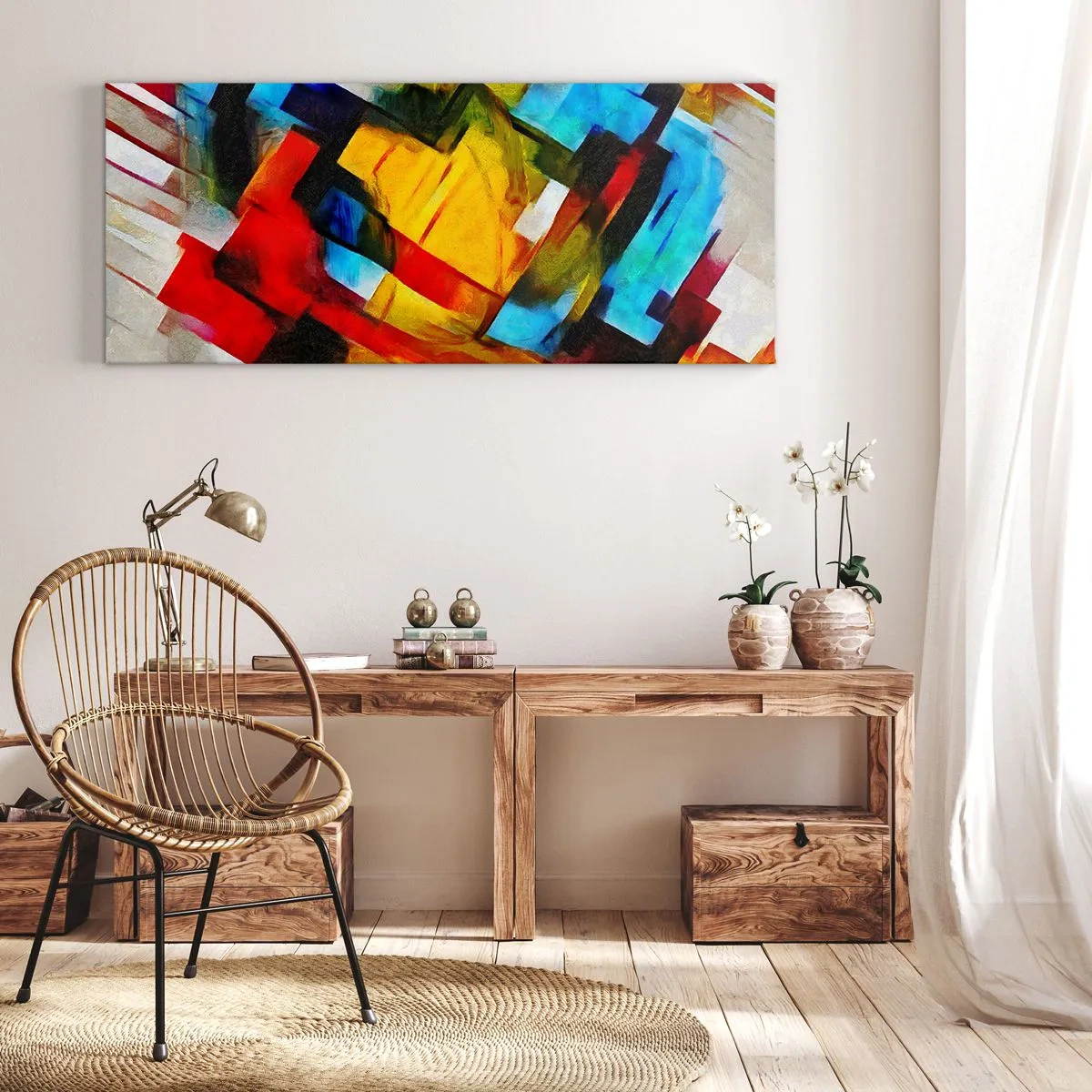 Bild auf Leinwand - Leinwandbild - Abstrakte geometrische Komposition in lebendigen Farben - 140x50cm - Ein bunter Interleaver - Moderne Wanddekoration für Wohnzimmer und Schlafzimmer ARTTOR