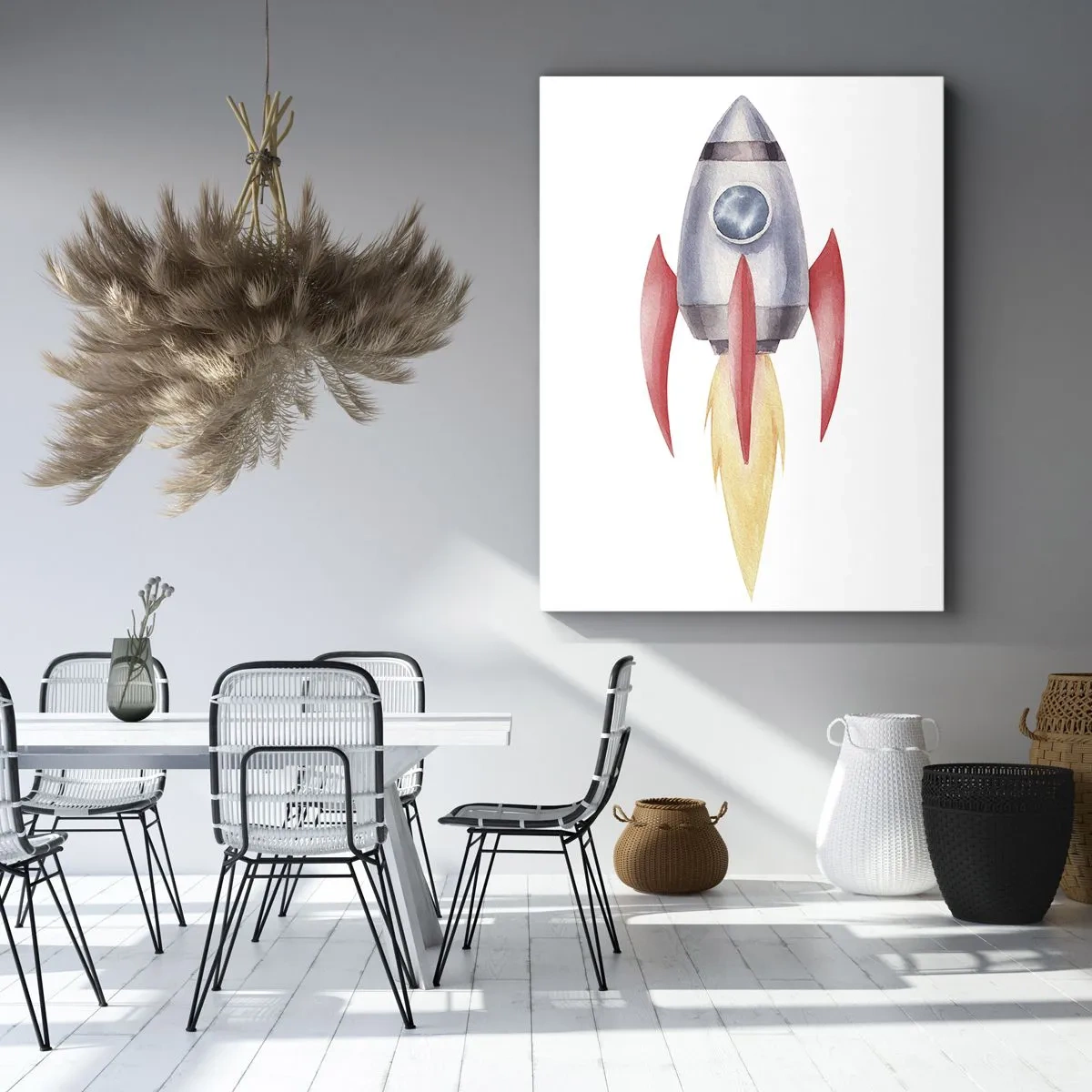 Bild auf Leinwand - Leinwandbild - Rakete im Aquarellstil auf weißem Hintergrund - 80x120cm - Höher, schneller, weiter - Moderne Wanddekoration für Wohnzimmer und Schlafzimmer ARTTOR