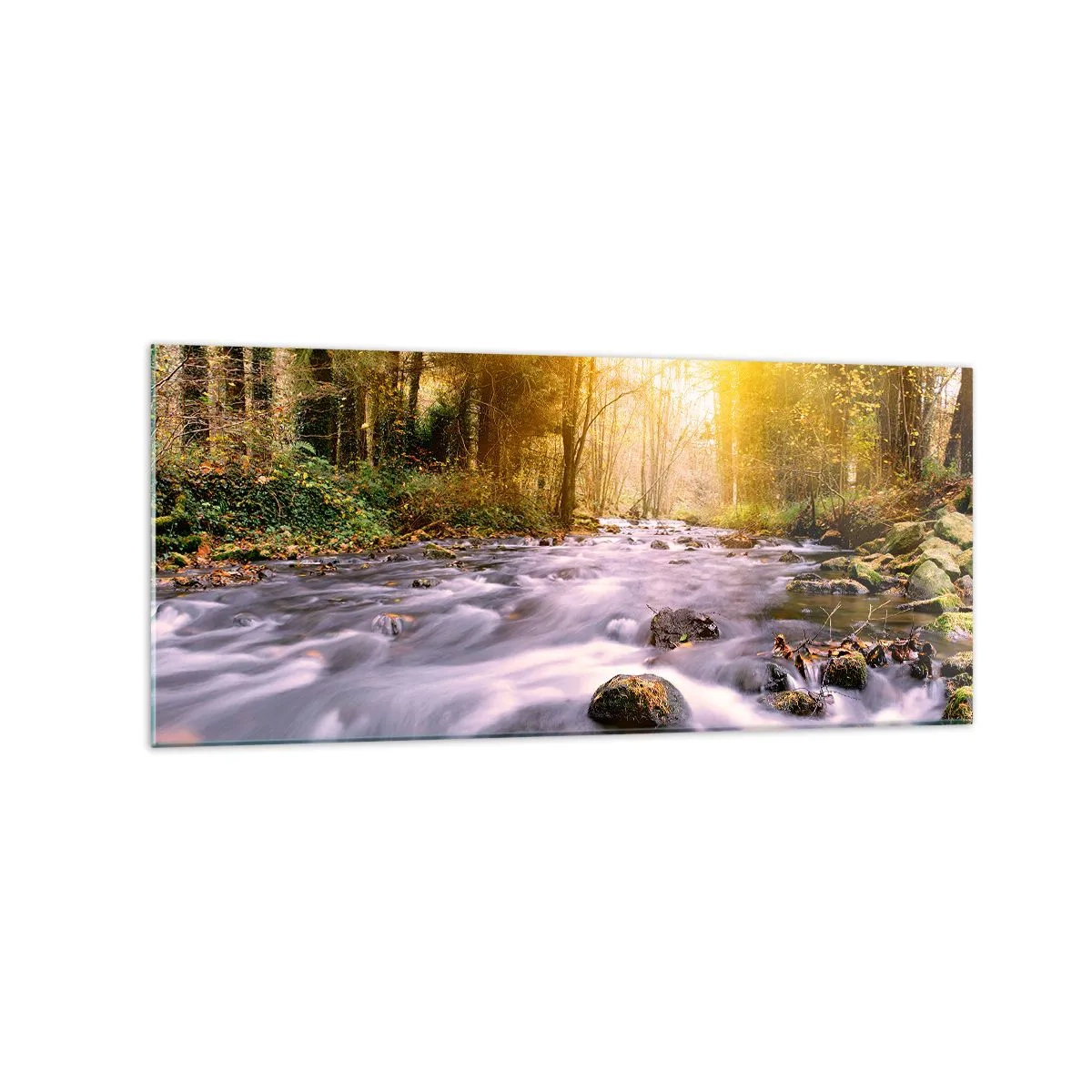 Glasbild - Bild auf glas - Ein Waldbach, beleuchtet von den Sonnenstrahlen - 120x50cm - Malachit im Silber- und Goldrahmen - Moderne Wanddekoration für Wohnzimmer und Schlafzimmer ARTTOR