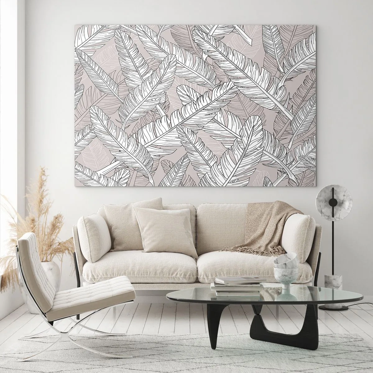 Glasbild - Bild auf glas - Schwarz-weiße Blätter auf beigem Hintergrund im grafischen Stil - 70x50cm - Ein Federwirbel - Moderne Wanddekoration für Wohnzimmer und Schlafzimmer ARTTOR
