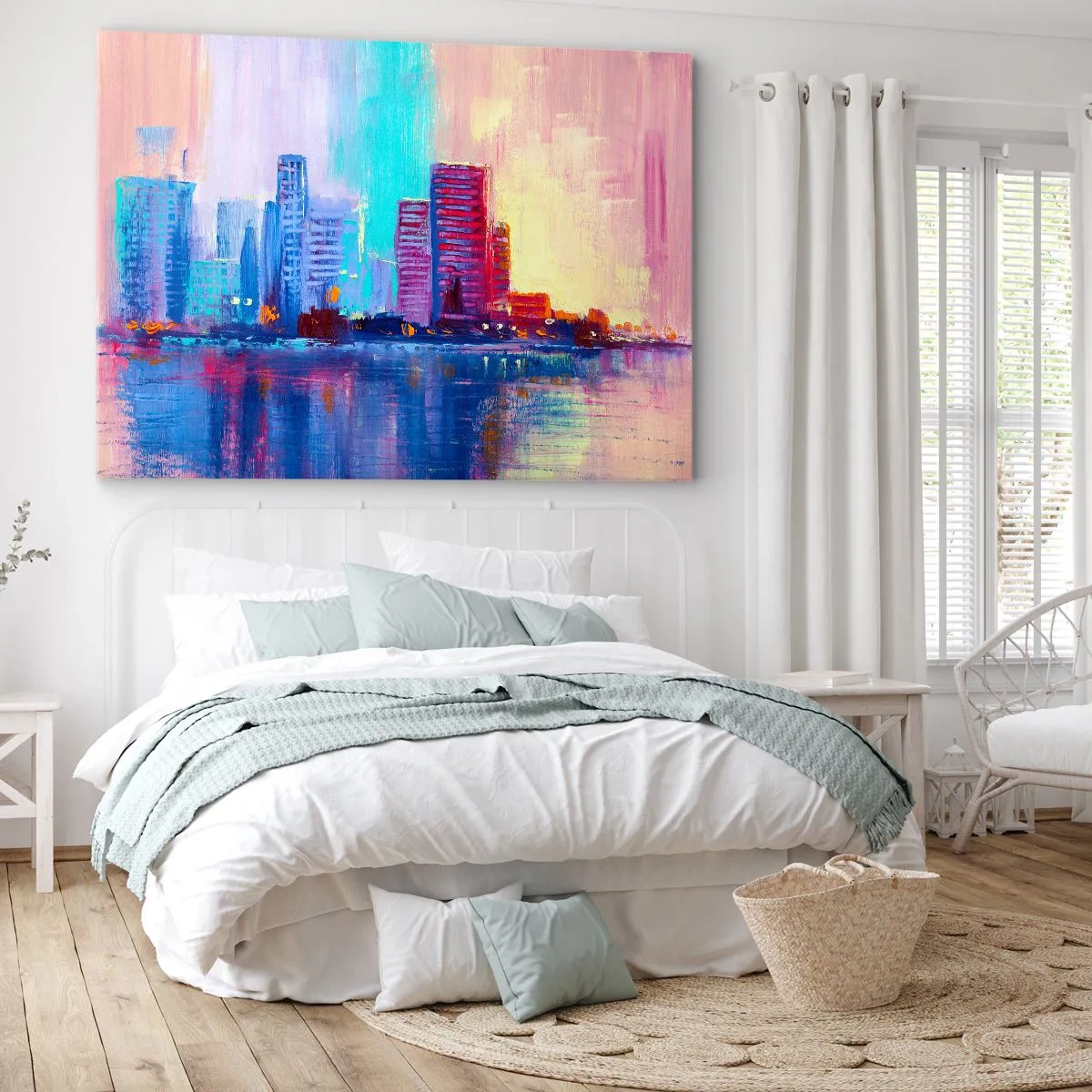 Bild auf Leinwand - Leinwandbild - Ein farbenfrohes Panorama der Stadt im Aquarellstil - 70x50cm - In Farben getaucht - Moderne Wanddekoration für Wohnzimmer und Schlafzimmer ARTTOR