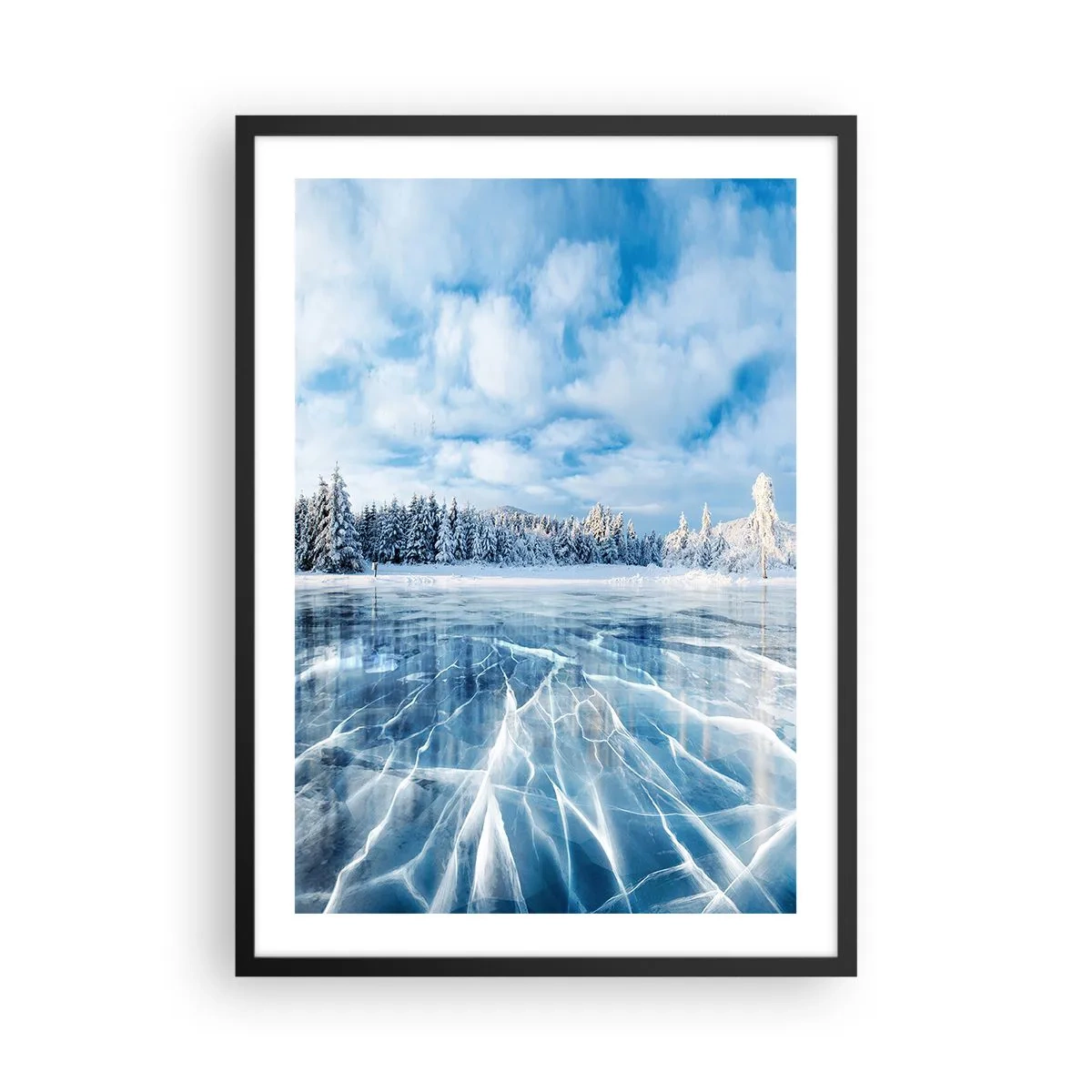 Poster in einem schwarzem Rahmen - Ein zugefrorener See in einer Winterlandschaft - 50x70cm - Eine schillernde und kristallklare Aussicht - Moderne Wanddekoration für Wohnzimmer und Schlafzimmer ARTTOR