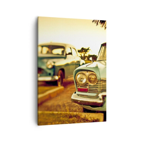 Bild auf Leinwand - Leinwandbild - Oldtimer im warmen Licht des Sonnenuntergangs - 50x70cm - Wir werden abwarten und sehen - Moderne Wanddekoration für Wohnzimmer und Schlafzimmer ARTTOR