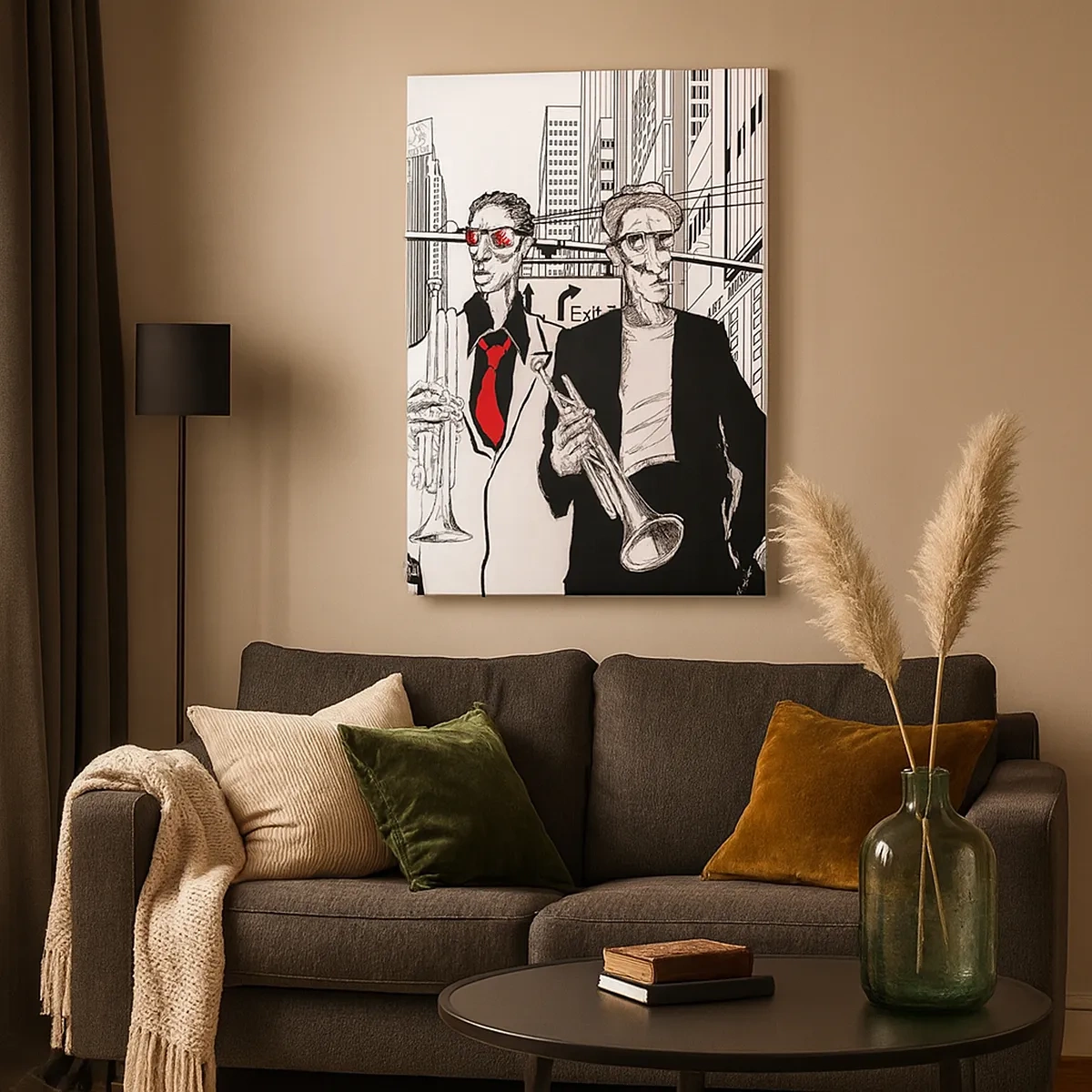 Bild auf Leinwand - Leinwandbild - Illustration von Jazzmusikern vor urbaner Kulisse - 50x70cm - Urbane Rhapsodie in Schwarz und Rot - Moderne Wanddekoration für Wohnzimmer und Schlafzimmer ARTTOR