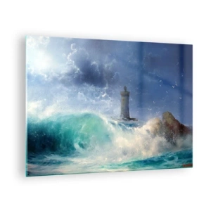 Glasbild - Bild auf glas - Ein Leuchtturm inmitten der rauen Meereswellen - 70x50cm - Auf der Hut vor den Elementen - Moderne Wanddekoration für Wohnzimmer und Schlafzimmer ARTTOR