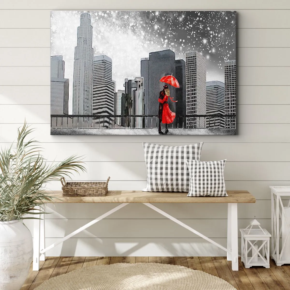 Bild auf Leinwand - Leinwandbild - Ein Paar in Rot mit einem Regenschirm vor dem Hintergrund einer Stadtlandschaft - 120x80cm - Der Mensch ist kein Stein - Moderne Wanddekoration für Wohnzimmer und Schlafzimmer ARTTOR