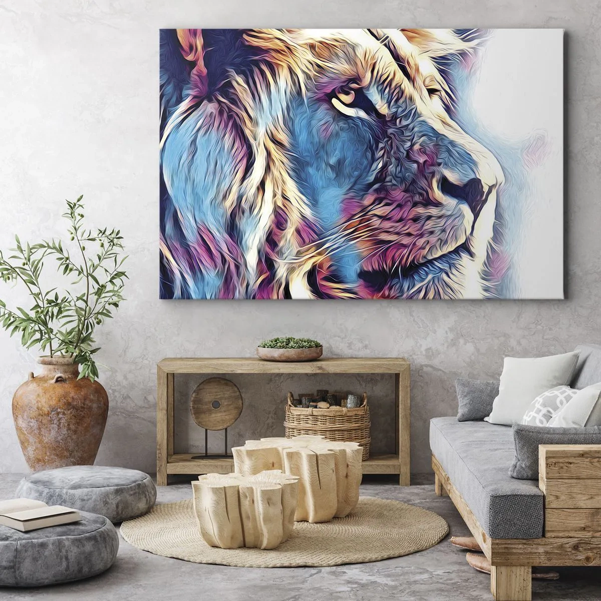 Bild auf Leinwand - Leinwandbild - Porträt eines Löwen in lebendigen, abstrakten Farben - 70x50cm - Die Weisheit der Natur - Moderne Wanddekoration für Wohnzimmer und Schlafzimmer ARTTOR