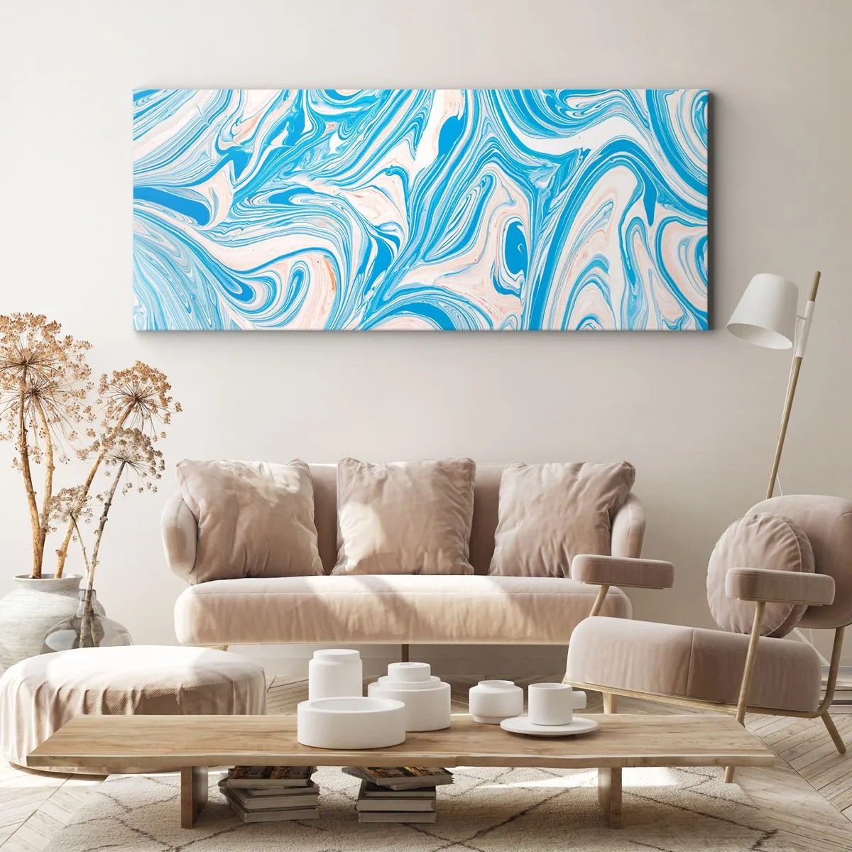 Bild auf Leinwand - Leinwandbild - Abstrakte Wirbel im blauen und weißen Marmorstil - 140x50cm - Sumpf in Türkis - Moderne Wanddekoration für Wohnzimmer und Schlafzimmer ARTTOR