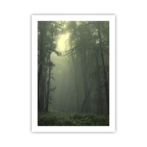 Poster - Neblige Bäume in einem grünen Wald - 50x70cm - Bevor er aufwacht - Moderne Wanddekoration für Wohnzimmer und Schlafzimmer ARTTOR