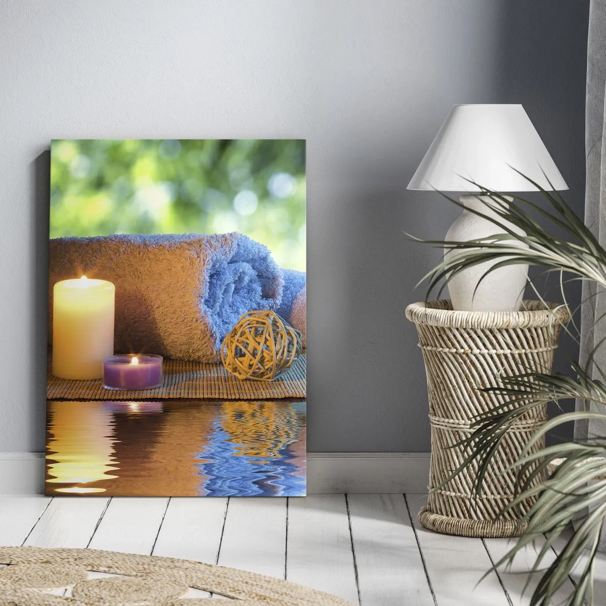 Bild auf Leinwand - Leinwandbild - Entspannendes SPA-Set mit Handtüchern, Kerzen und Steinen - 50x70cm - Zeit für den Körper - Moderne Wanddekoration für Wohnzimmer und Schlafzimmer ARTTOR