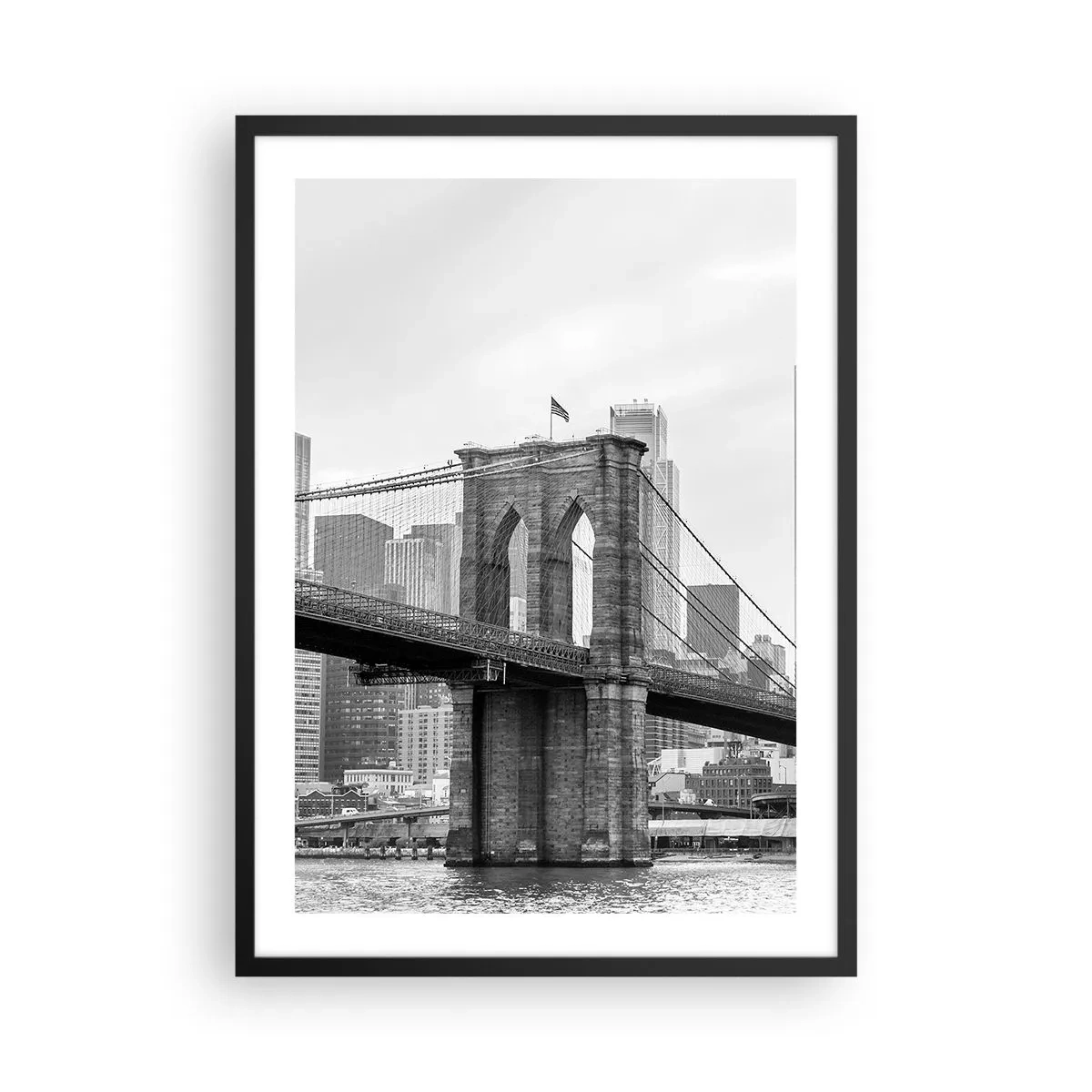 Poster in einem schwarzem Rahmen - Brooklyn Bridge in Monochrom - 50x70cm - New Yorker Atmosphäre - Moderne Wanddekoration für Wohnzimmer und Schlafzimmer ARTTOR