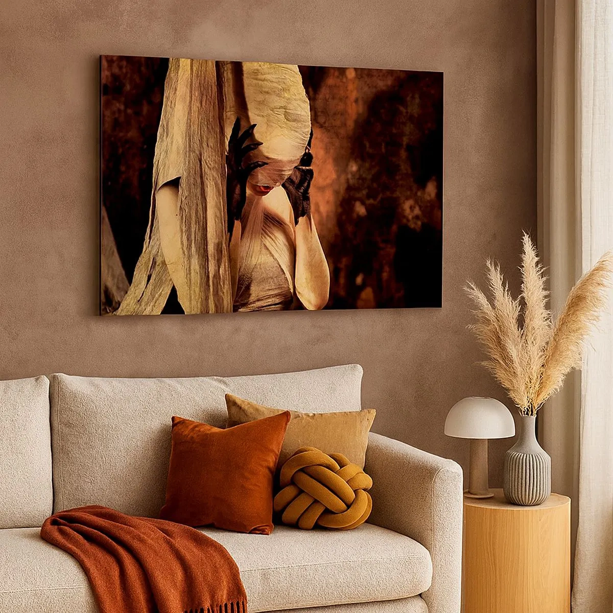 Bild auf Leinwand - Leinwandbild - Eine Frau mit Schleier und geheimnisvollem Styling vor dunklem Hintergrund - 70x50cm - Zwischen Gut und Böse - Moderne Wanddekoration für Wohnzimmer und Schlafzimmer ARTTOR