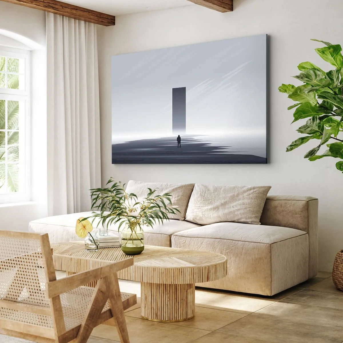 Bild auf Leinwand - Leinwandbild - Eine minimalistische Landschaft mit einer Silhouette neben einem rechteckigen Monolithen - 70x50cm - Chance oder Bedrohung? - Moderne Wanddekoration für Wohnzimmer und Schlafzimmer ARTTOR