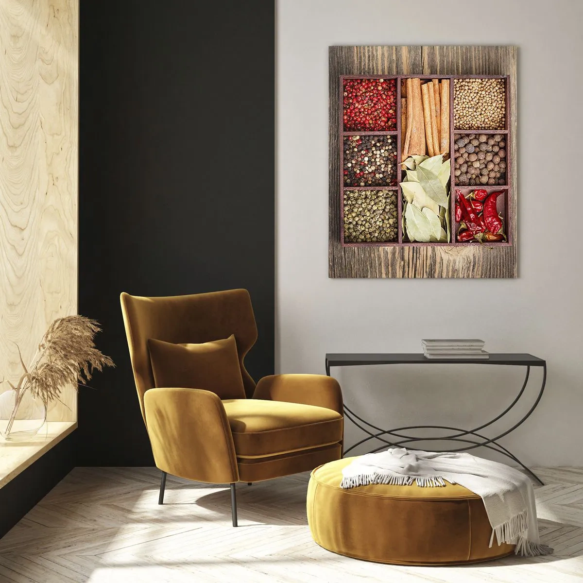 Glasbild - Bild auf glas - Bunte Gewürze in Holzfächern - 50x70cm - Ordnung der Formen, Bouquet von Aromen - Moderne Wanddekoration für Wohnzimmer und Schlafzimmer ARTTOR