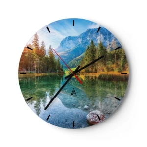 Wanduhr - Glasuhr - Berglandschaft mit See und Wald - 30x30cm - Die Sanftheit des Herbstes - Moderne Wanddekoration für Wohnzimmer, Küche und Schlafzimmer ARTTOR