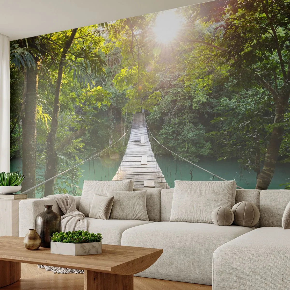 Selbstklebende Fototapete Deluxe Sticker - Über das azurblaue Wasser zum azurblauen Wald - Landschaft, Dschungel, Holzbrücke - 250x175 cm