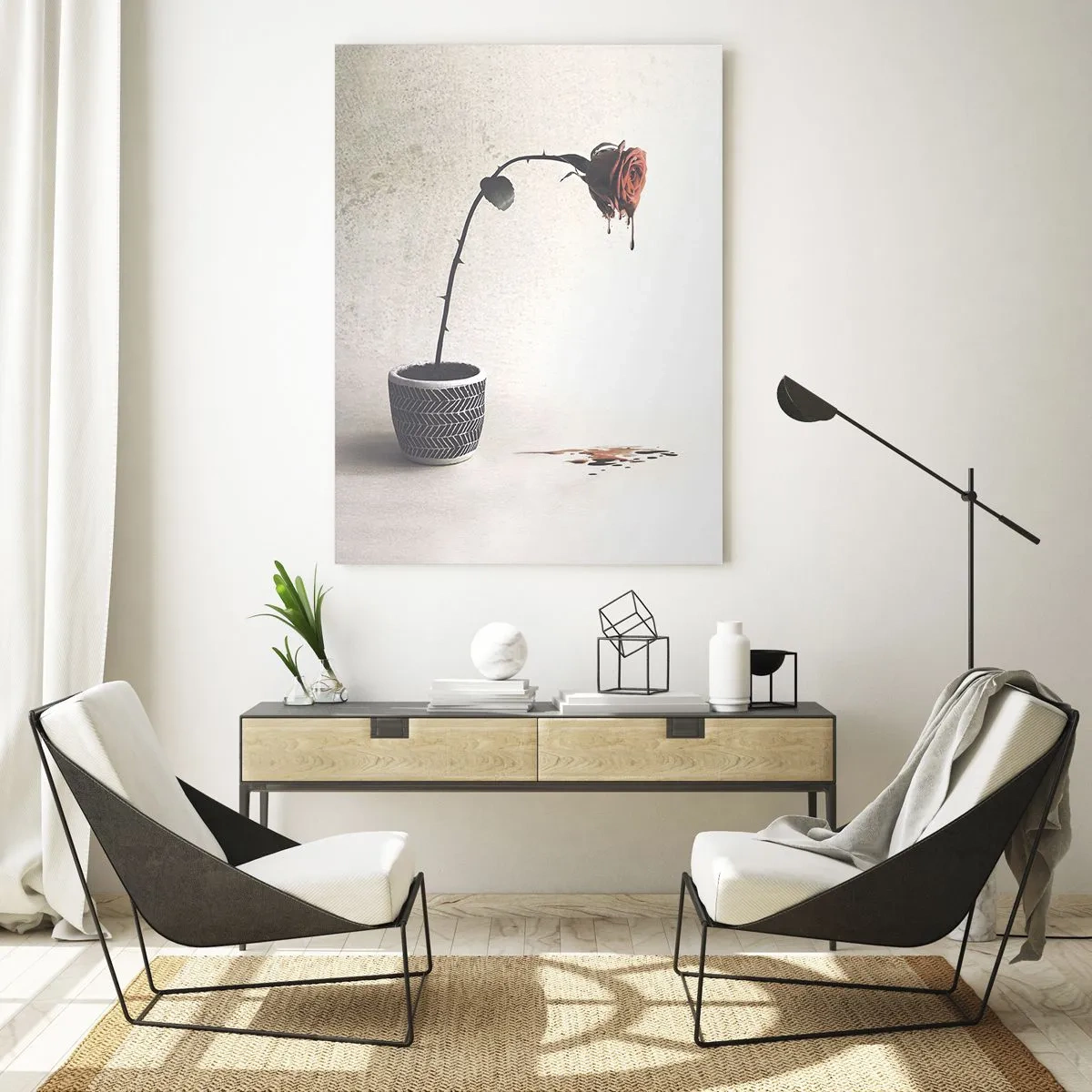 Glasbild - Bild auf glas - Eine rote Rose in einem Topf mit Farbtropfen auf weißem Hintergrund - 80x120cm - Rosa dolorosa - Moderne Wanddekoration für Wohnzimmer und Schlafzimmer ARTTOR