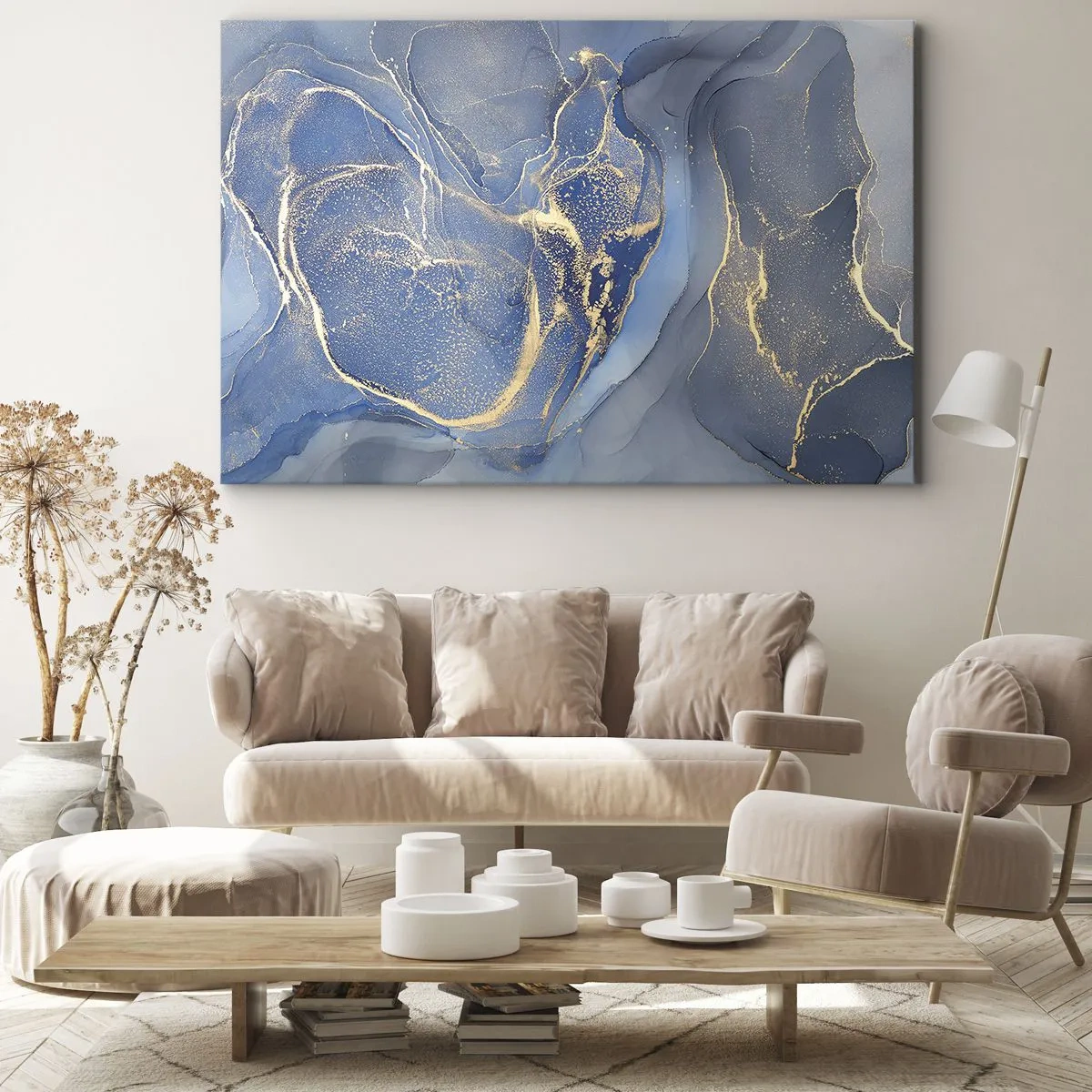 Bild auf Leinwand - Leinwandbild - Abstrakte blaue Muster mit goldenen Akzenten - 100x70cm - Goldstaub - Moderne Wanddekoration für Wohnzimmer und Schlafzimmer ARTTOR