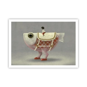 Poster - Ein schicker Fischreiter mit Beinen und Sattel - 100x70cm - Reiter auf einem surrealen Fisch - Moderne Wanddekoration für Wohnzimmer und Schlafzimmer ARTTOR