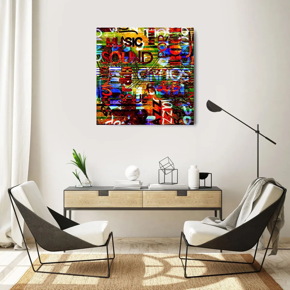 Wanduhr - Glasuhr - Bunte Abstraktion mit Musikinschriften im Pop-Art-Stil - 30x30cm - Alle Farben des Klangs - Moderne Wanddekoration für Wohnzimmer und Schlafzimmer ARTTOR