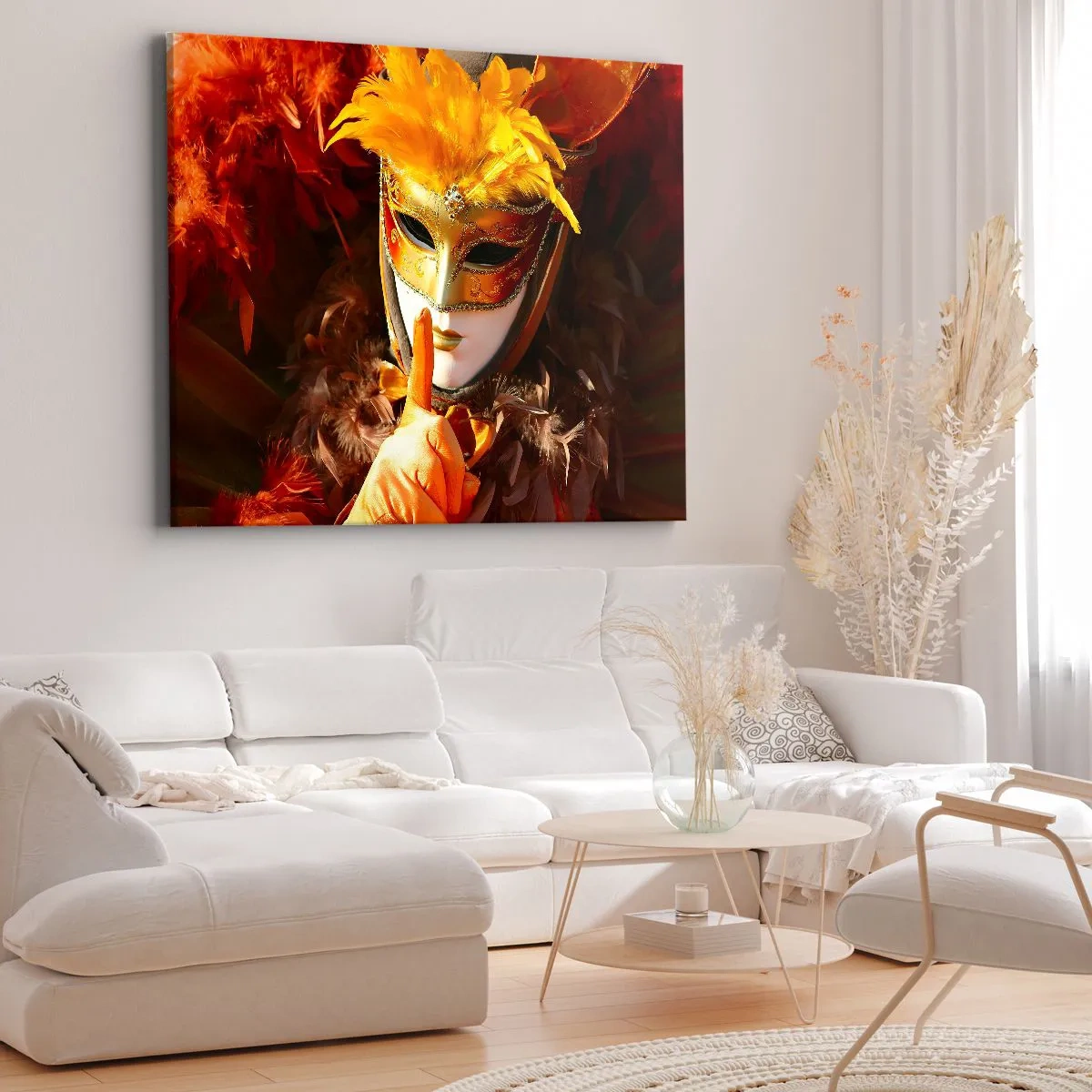 Bild auf Leinwand - Leinwandbild - Karnevalsmaske in Gold- und Orangetönen - 70x50cm - Geheimnis ist Teil des Spiels - Moderne Wanddekoration für Wohnzimmer und Schlafzimmer ARTTOR