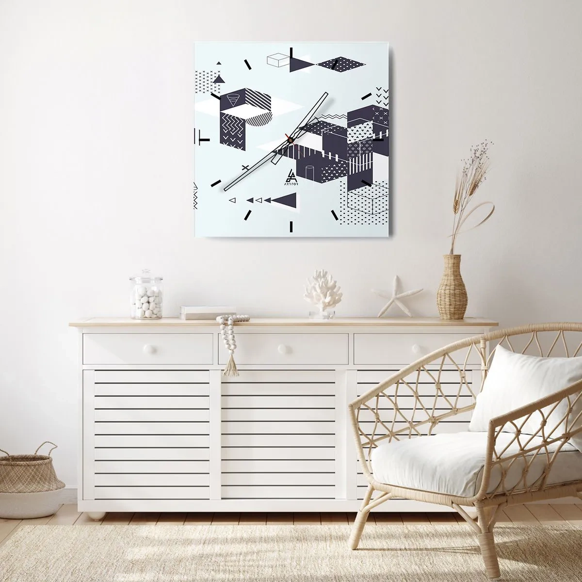 Wanduhr - Glasuhr - Moderne geometrische Grafiken in Weiß- und Marineblautönen - 30x30cm - In der Seele eines Mathematikers - Moderne Wanddekoration für Wohnzimmer und Schlafzimmer ARTTOR