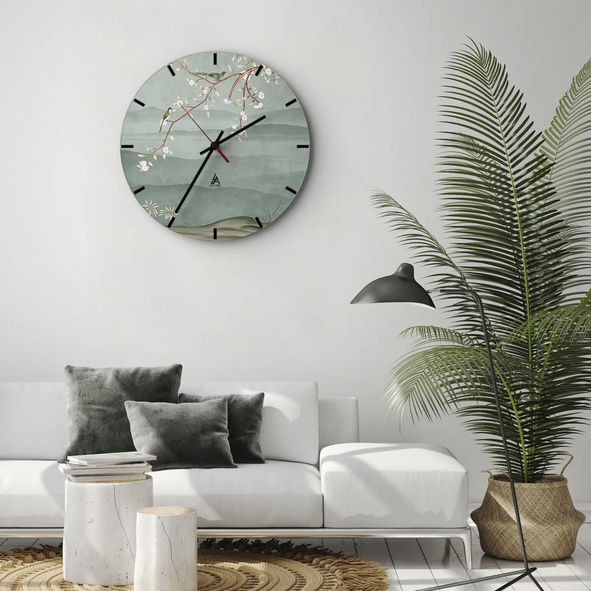 Wanduhr - Glasuhr - Ein Zweig mit Blumen und Vögeln vor dem Hintergrund grüner Hügel - 30x30cm - Frühling, oh, du bist es - Moderne Wanddekoration für Wohnzimmer, Küche und Schlafzimmer ARTTOR