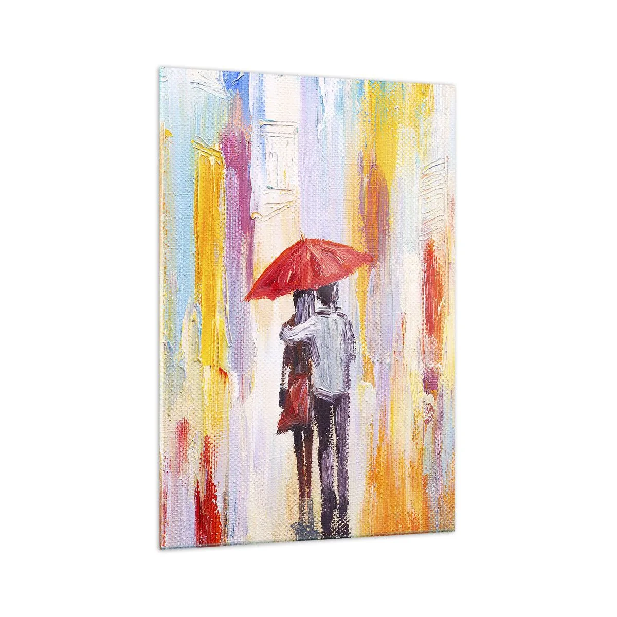 Glasbild - Bild auf glas - Ein Paar unter einem roten Regenschirm mit bunten Gebäuden im Hintergrund. - 70x100cm - Lass es weiter regnen - Moderne Wanddekoration für Wohnzimmer und Schlafzimmer ARTTOR