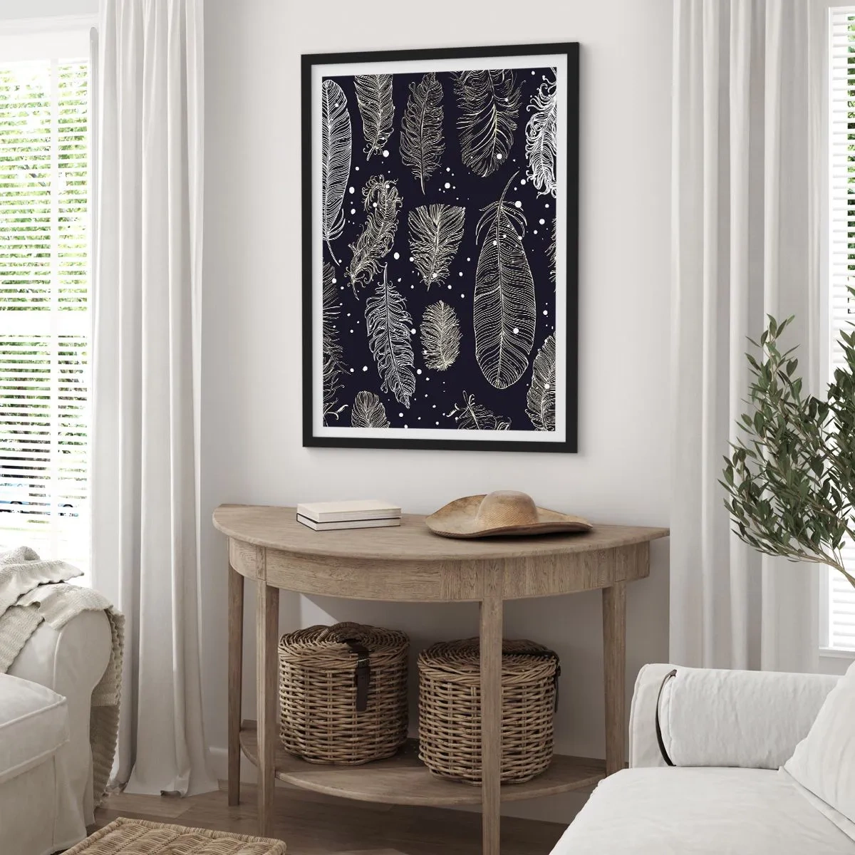 Poster in einem schwarzem Rahmen - Weiße Federn auf schwarzem Hintergrund in elegantem Arrangement - 50x70cm - Gefiederte Spitze - Moderne Wanddekoration für Wohnzimmer und Schlafzimmer ARTTOR