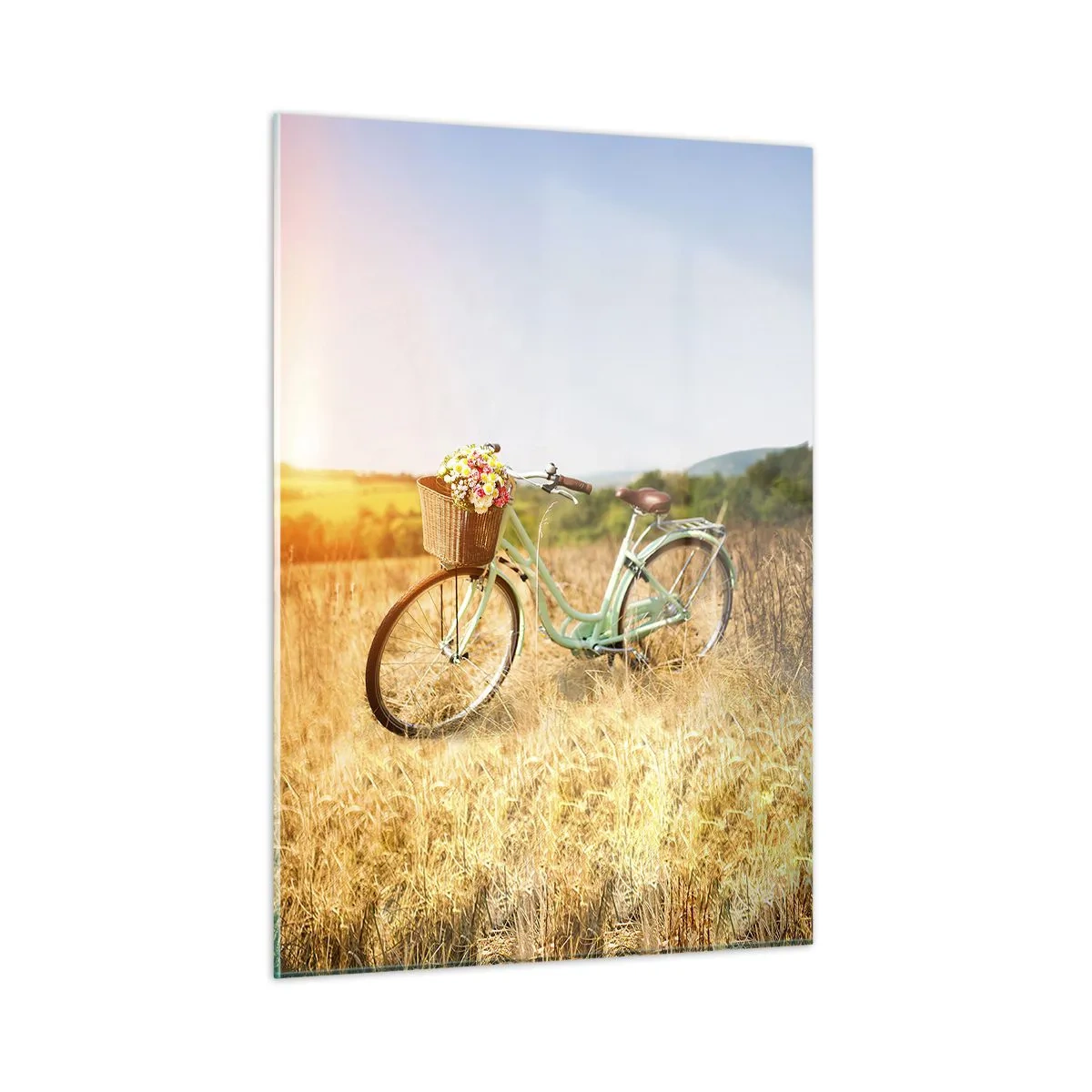 Glasbild - Bild auf glas - Retro-Fahrrad mit Blumen vor einem natürlichen Hintergrund - 50x70cm - Ich bleibe eine Weile hier - Moderne Wanddekoration für Wohnzimmer und Schlafzimmer ARTTOR