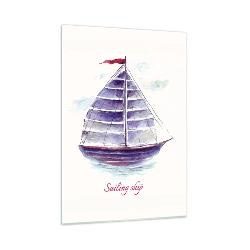 Glasbild - Bild auf glas - Aquarell Segelschiff mit der Aufschrift Segelschiff - 50x70cm - Volle Segel und ruhiges Wasser - Moderne Wanddekoration für Wohnzimmer und Schlafzimmer ARTTOR