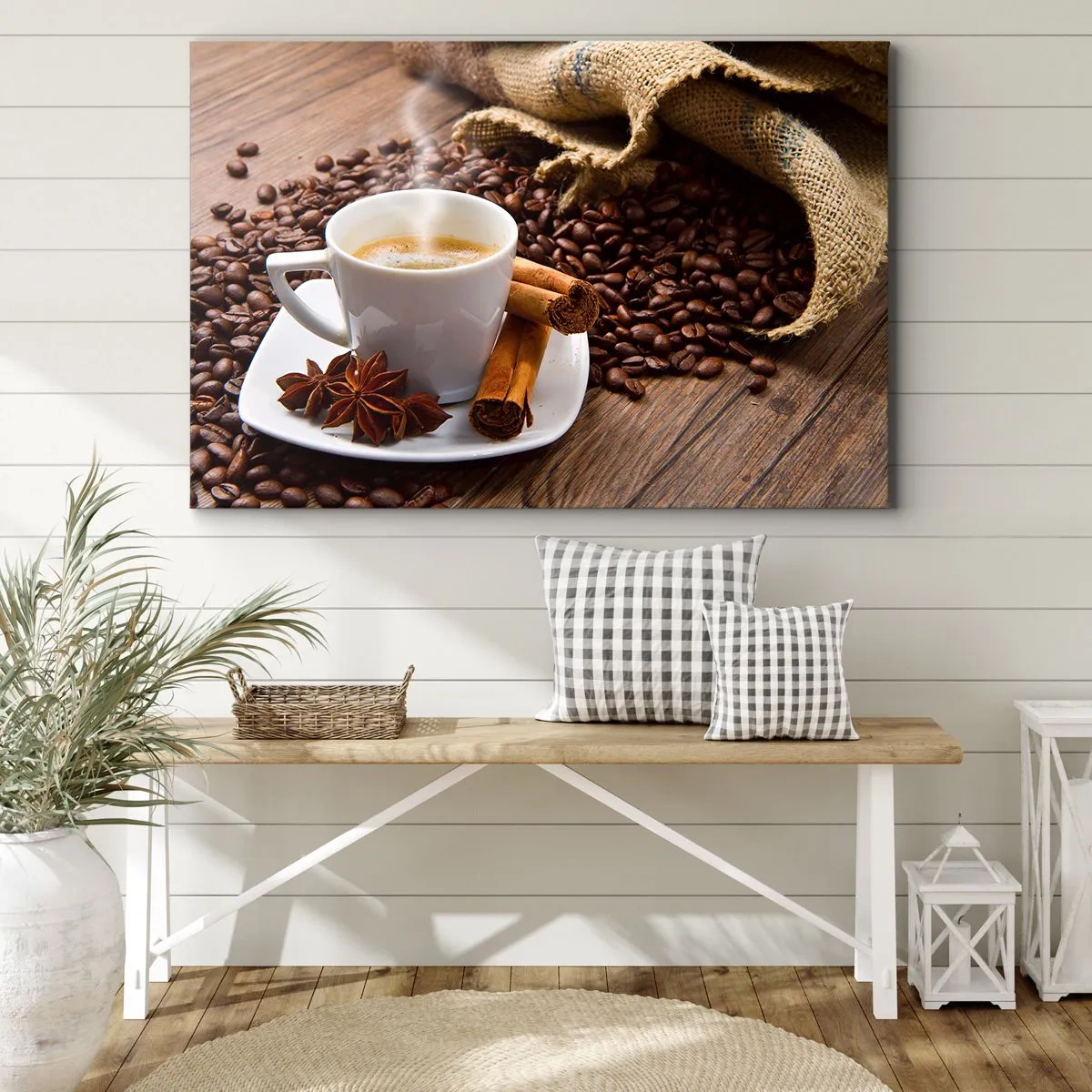 Bild auf Leinwand - Leinwandbild - Eine Tasse Kaffee mit Zimt und Anis auf einem Hintergrund aus Kaffeebohnen - 70x50cm - Würziger Geschmack und Aroma - Moderne Wanddekoration für Wohnzimmer und Schlafzimmer ARTTOR
