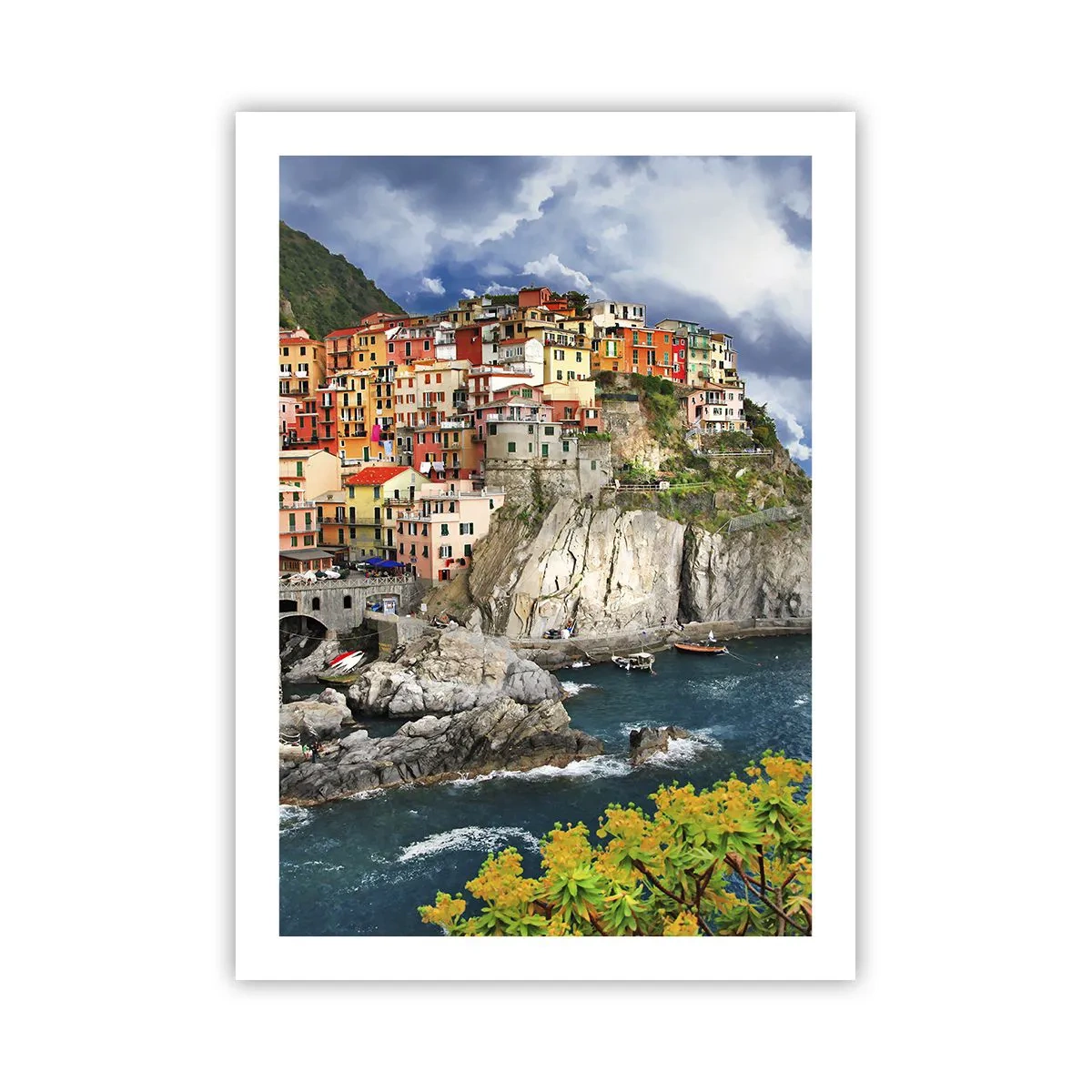 Poster - Bunte Häuser auf den Felsen am Meer in einer malerischen Stadt - 50x70cm - Eine Gruppe umarmt die Felsen - Moderne Wanddekoration für Wohnzimmer und Schlafzimmer ARTTOR