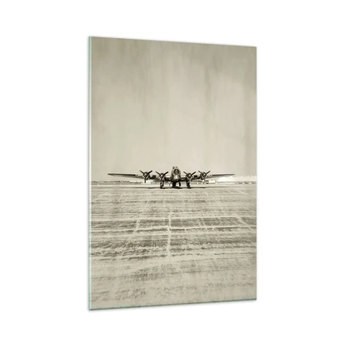 Glasbild - Bild auf glas - Historisches Flugzeug auf dem Flughafen in Sepia - 80x120cm - Wie immer bereit - Moderne Wanddekoration für Wohnzimmer und Schlafzimmer ARTTOR