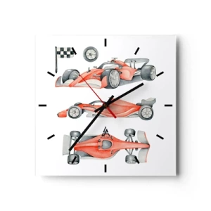 Wanduhr - Glasuhr - Ein roter Rennwagen mit einer Zielflagge - 30x30cm - Dem Traum folgen - Moderne Wanddekoration für Wohnzimmer und Schlafzimmer ARTTOR