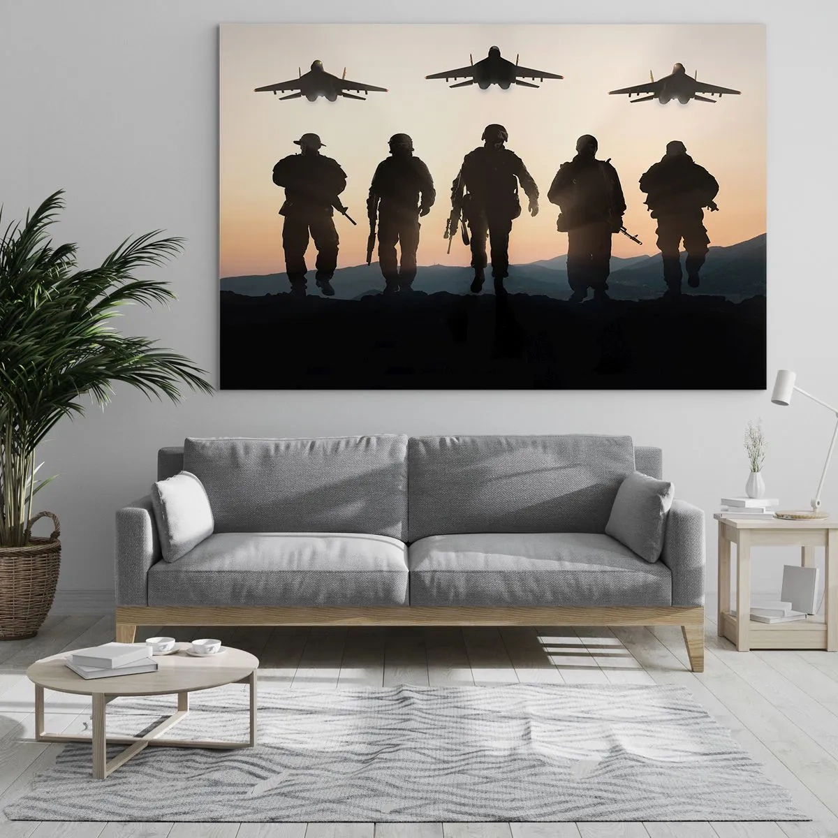 Glasbild - Bild auf glas - Soldaten vor der Kulisse der untergehenden Sonne und Jets - 120x80cm - Willkommen in unserer Welt - Moderne Wanddekoration für Wohnzimmer und Schlafzimmer ARTTOR