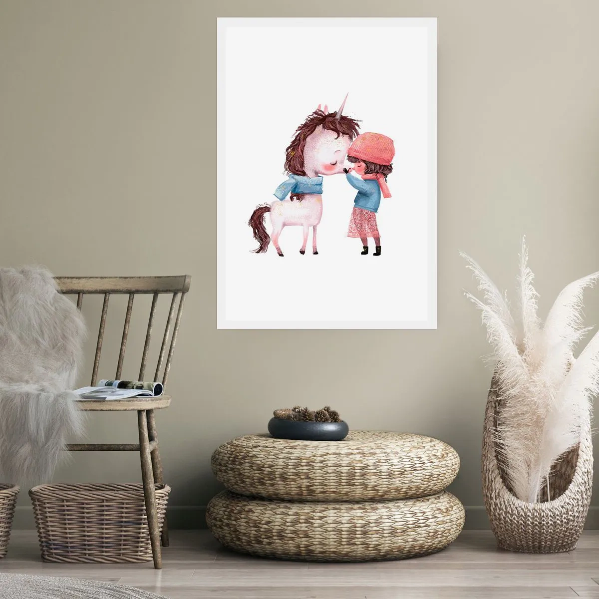 Poster - Ein Mädchen und ein Einhorn in Winterkleidung umarmen sich - 50x70cm - Ein Wintermärchen - Moderne Wanddekoration für Wohnzimmer und Schlafzimmer ARTTOR