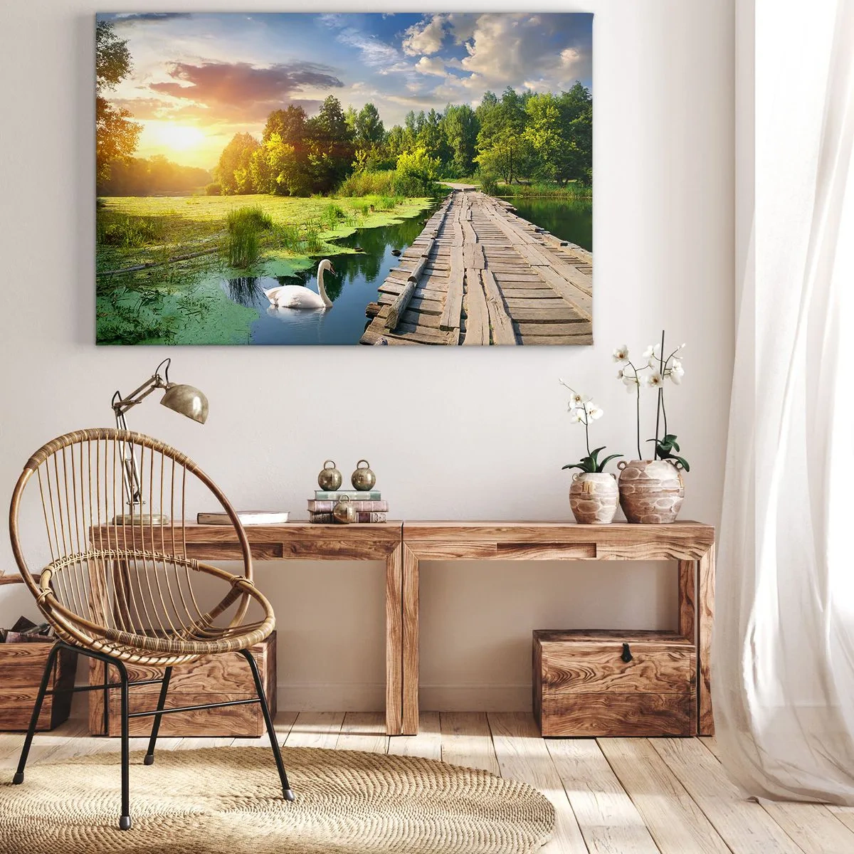 Bild auf Leinwand - Leinwandbild - Eine malerische Landschaft mit einer Brücke und einem Schwan - 70x50cm - Sommer, Sommer überall - Moderne Wanddekoration für Wohnzimmer und Schlafzimmer ARTTOR