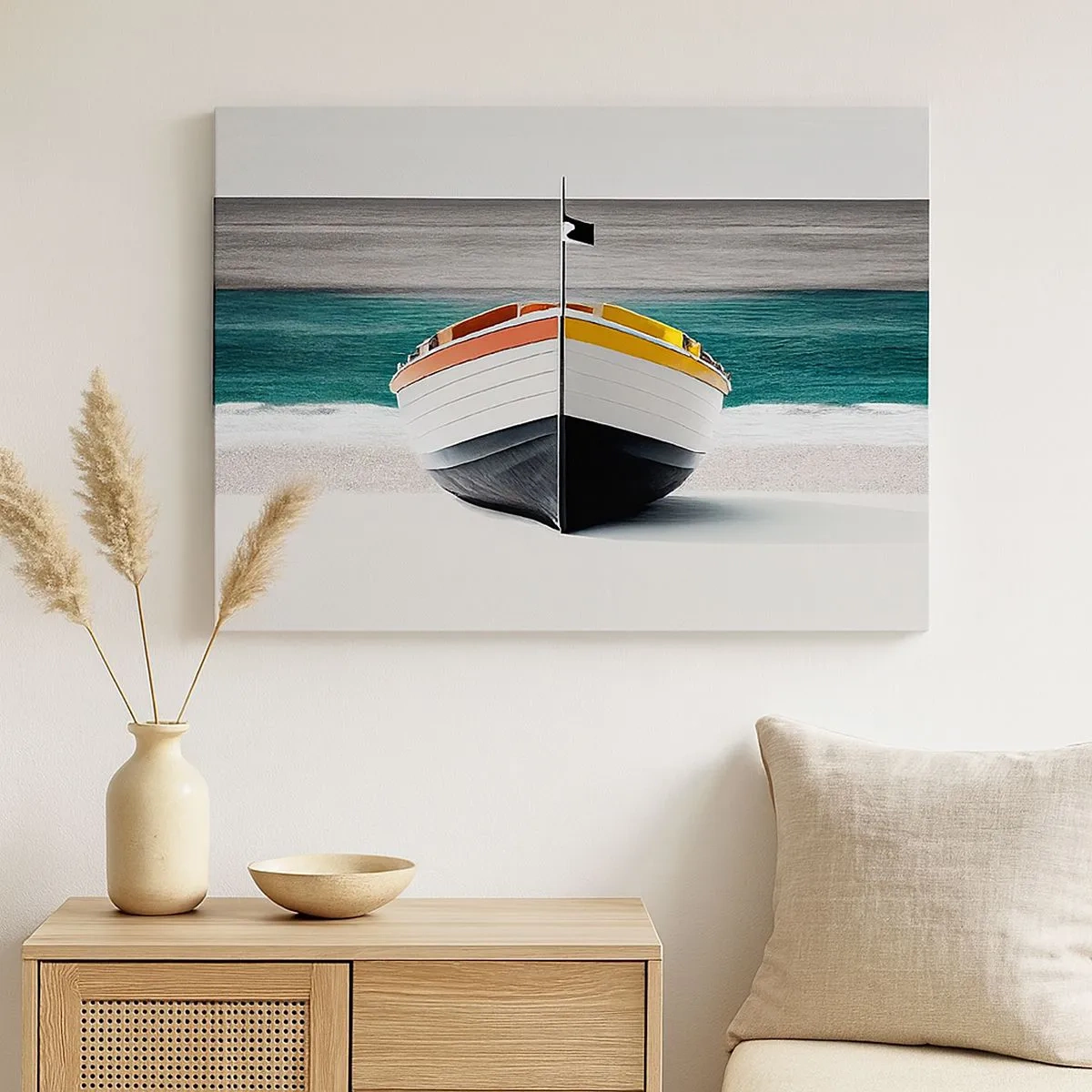Bild auf Leinwand - Leinwandbild - Ein Boot am Strand mit türkisfarbenem Meer im Hintergrund - 70x50cm - An seinem Platz - Moderne Wanddekoration für Wohnzimmer und Schlafzimmer ARTTOR