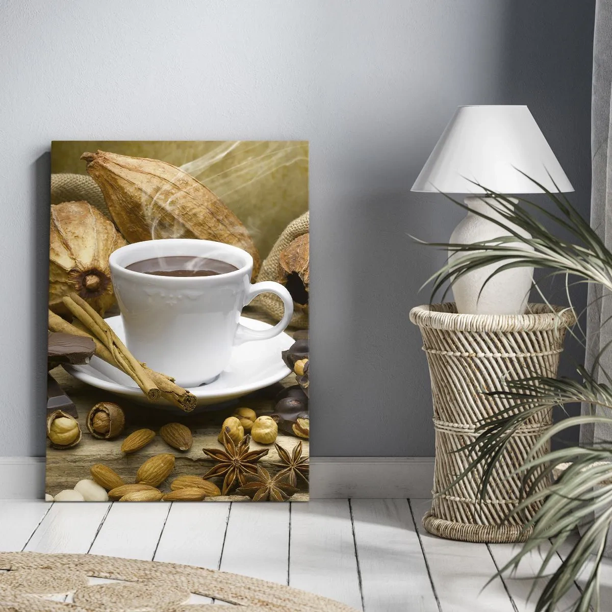 Bild auf Leinwand - Leinwandbild - Eine Tasse heiße Schokolade, umgeben von Kakao und Zimt - 50x70cm - Für Nervenkitzel-Suchende - Moderne Wanddekoration für Wohnzimmer und Schlafzimmer ARTTOR
